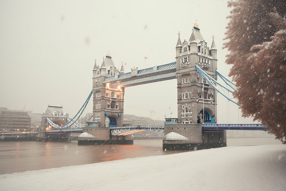 Photography of tower bridge landmark winter snow.