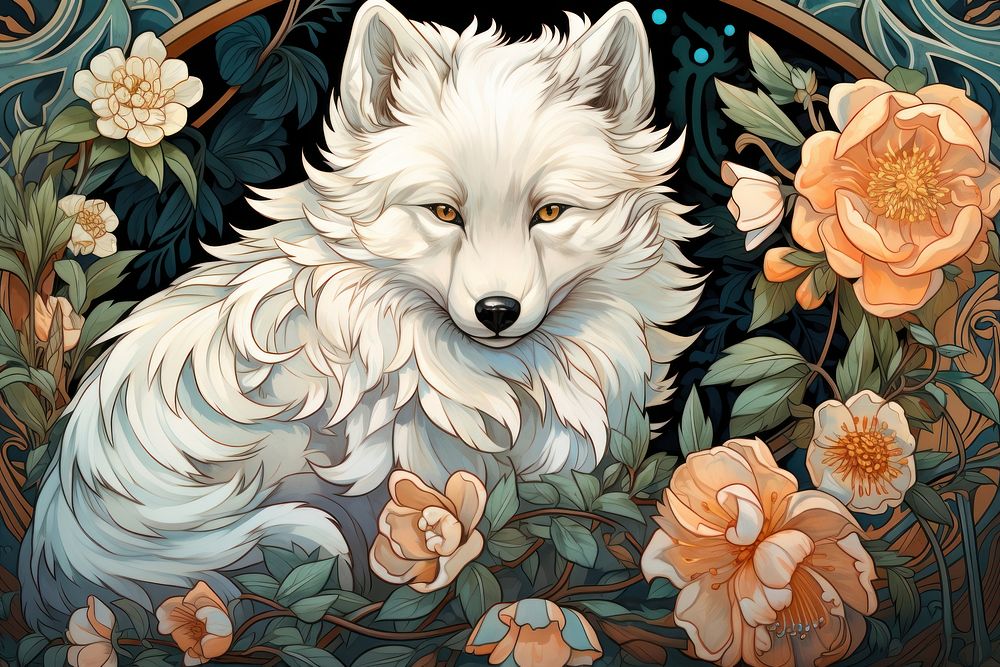 Arctic fox and flowers art painting animal.
