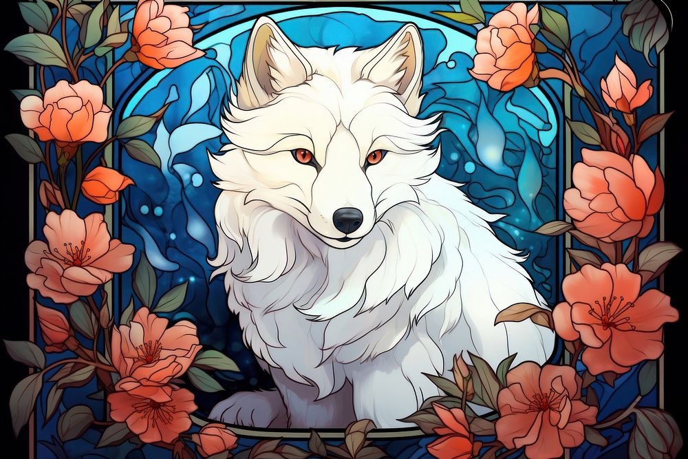 Arctic fox and flowers art person animal.