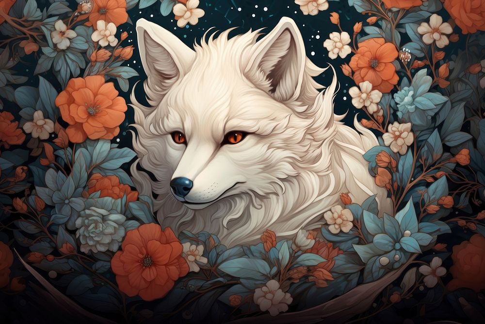 Arctic fox and flowers art painting wildlife.