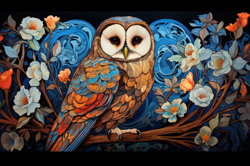 Australian Masked Owl and flowers art painting animal.