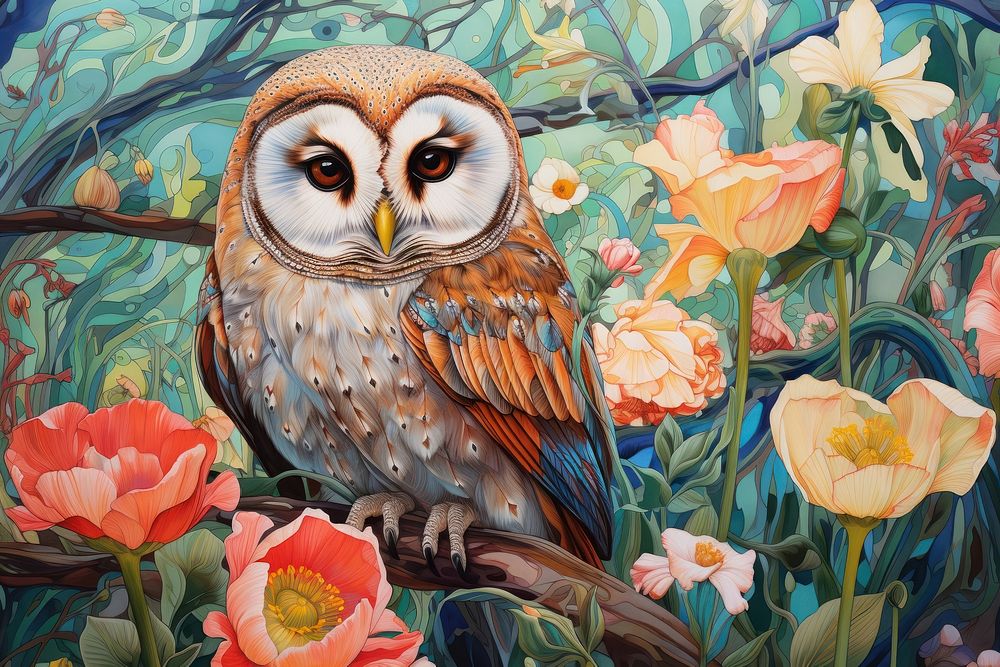 Australian Masked Owl and flowers art painting animal.
