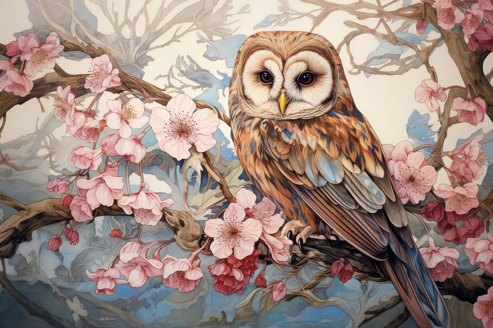 Australian Masked Owl and flowers art painting blossom.