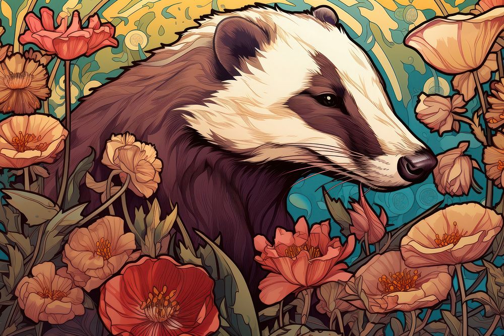Badger and flowers badger art painting.