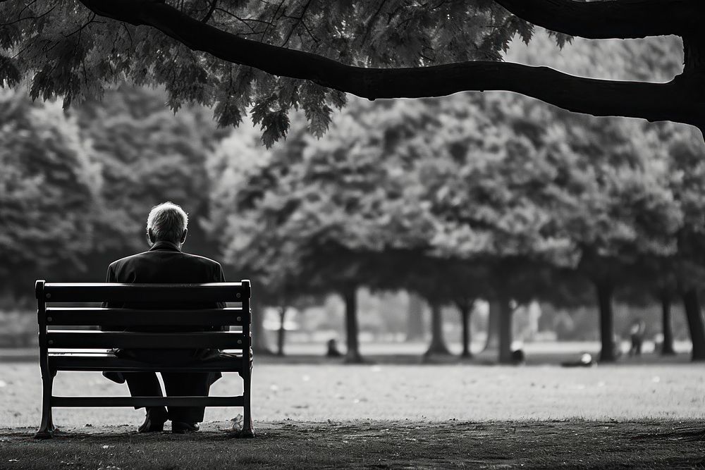 Photography old man sitting monochrome bench.