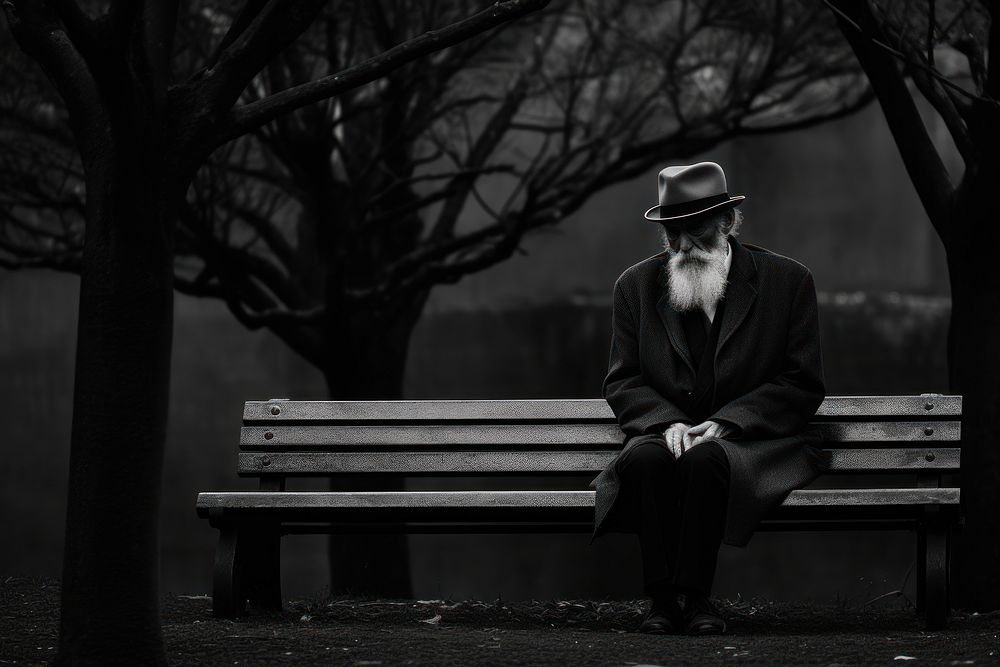 Photography old man sitting monochrome bench.