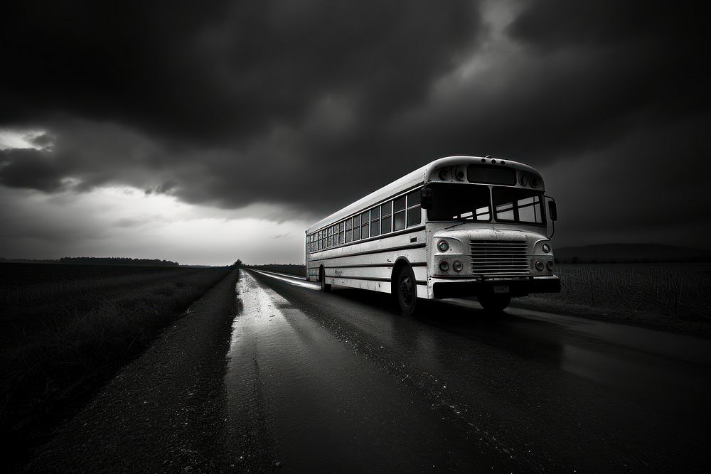 Photography school bus road monochrome outdoors.