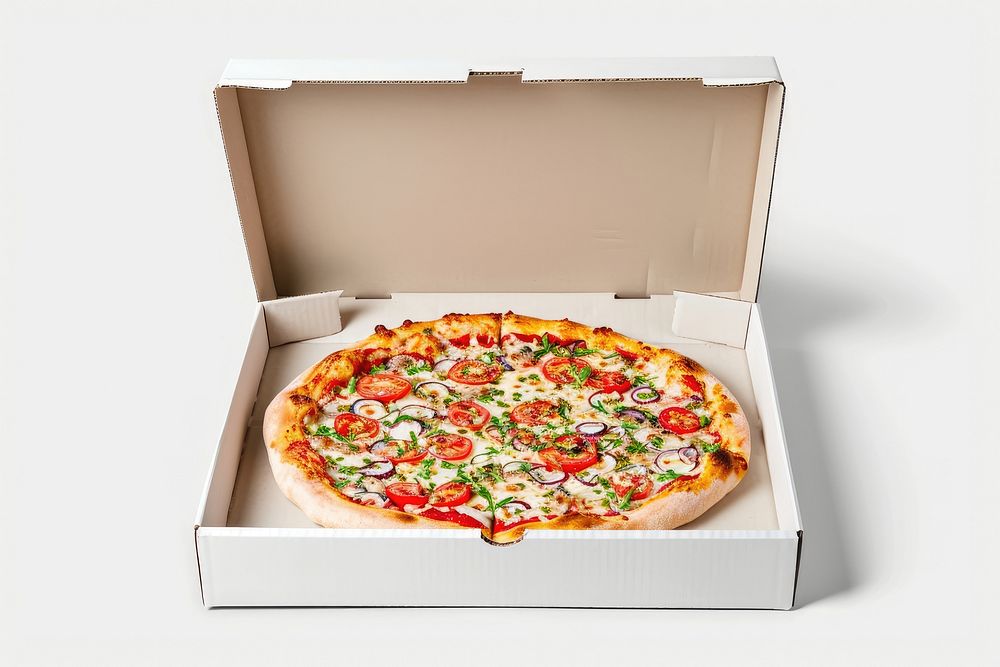 Pizza box  food white background vegetable.