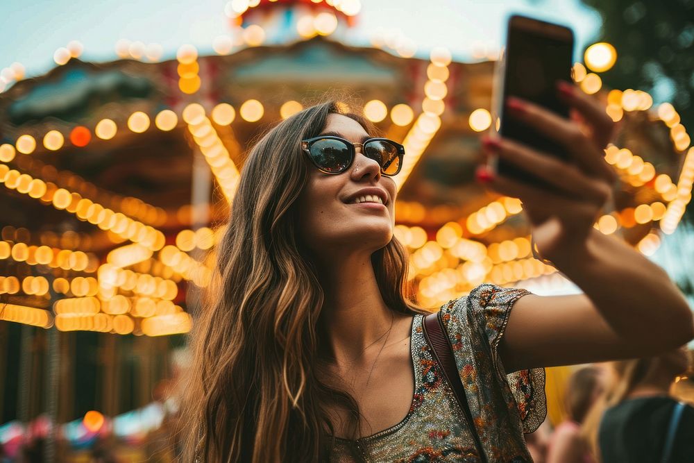 Latino try to selfie with smartphone adult amusement park photographing. AI generated Image by rawpixel.