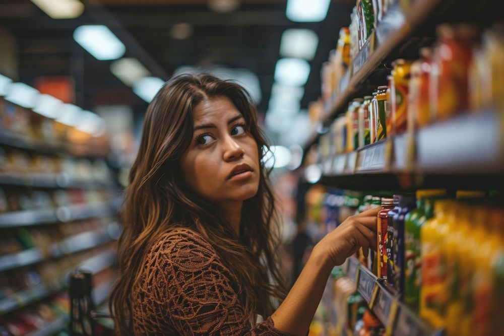 Latina woman choosing product from grocery shelf shopping looking adult. AI generated Image by rawpixel.