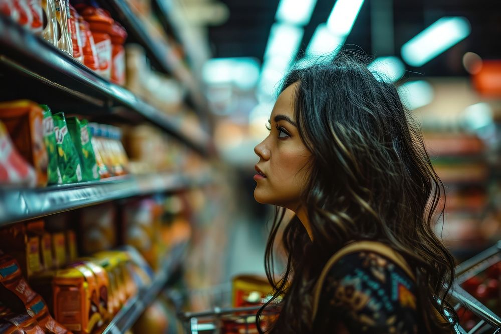 Latina woman choosing product from grocery shelf shopping looking shopping cart. AI generated Image by rawpixel.