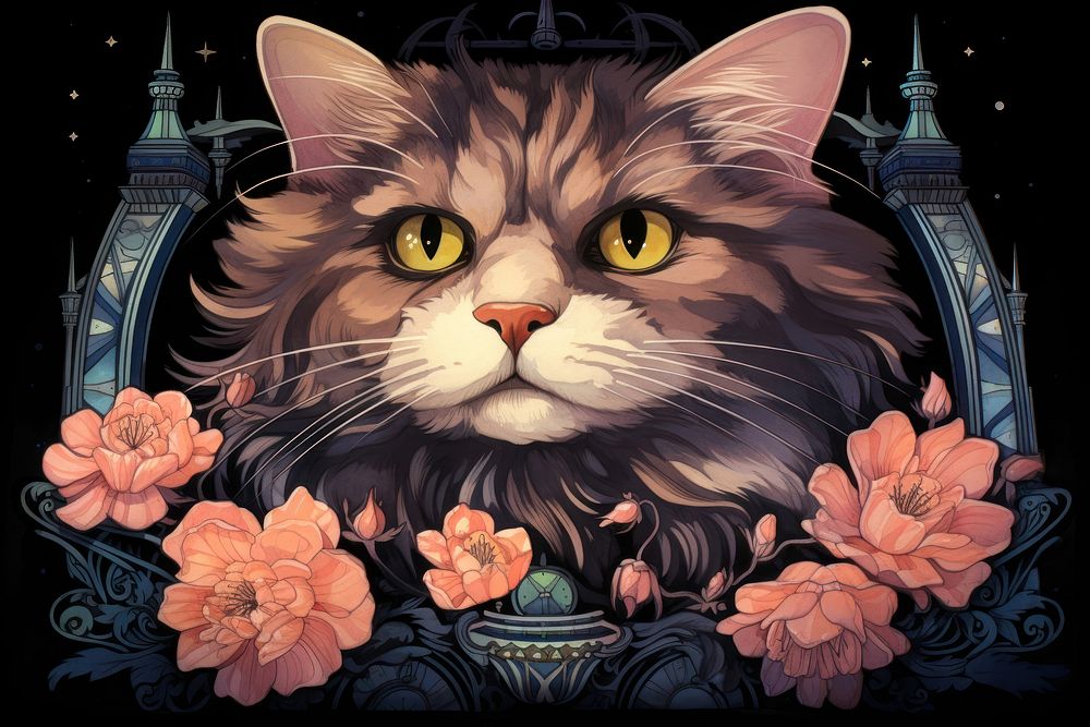 Cat and flowers art painting blossom.