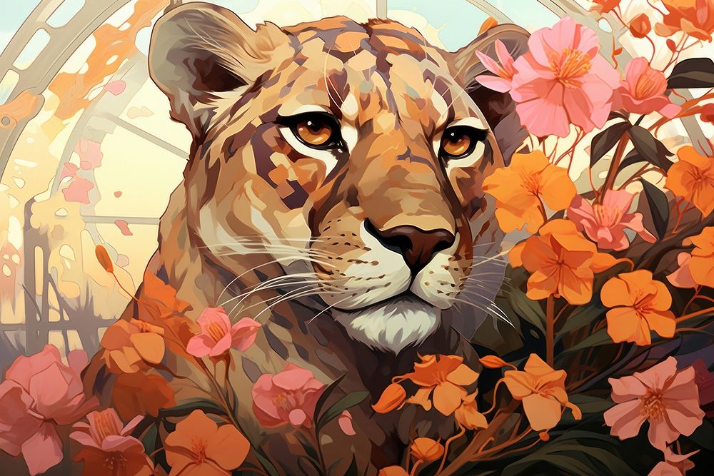 Cheetah and flowers art painting wildlife.
