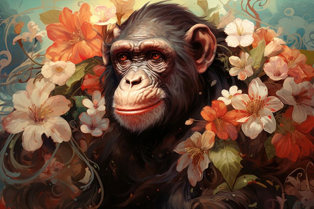 Chimpanzee and flowers art painting wildlife.