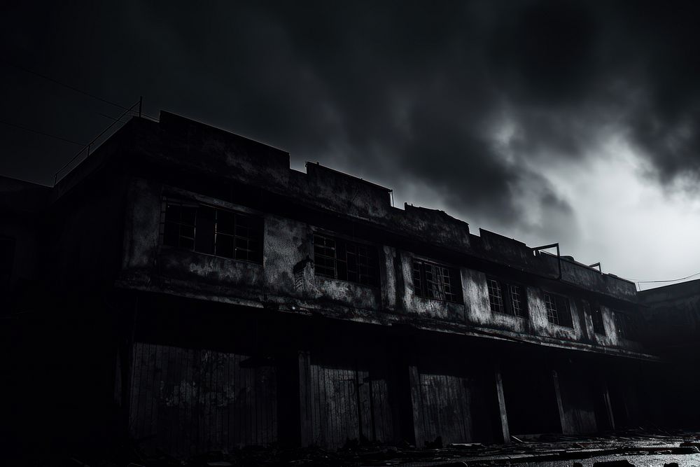 Dark background monochrome abandoned building.