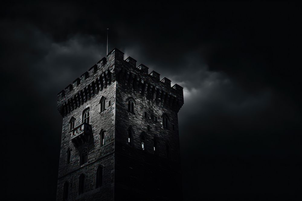 Dark background castle tower architecture.