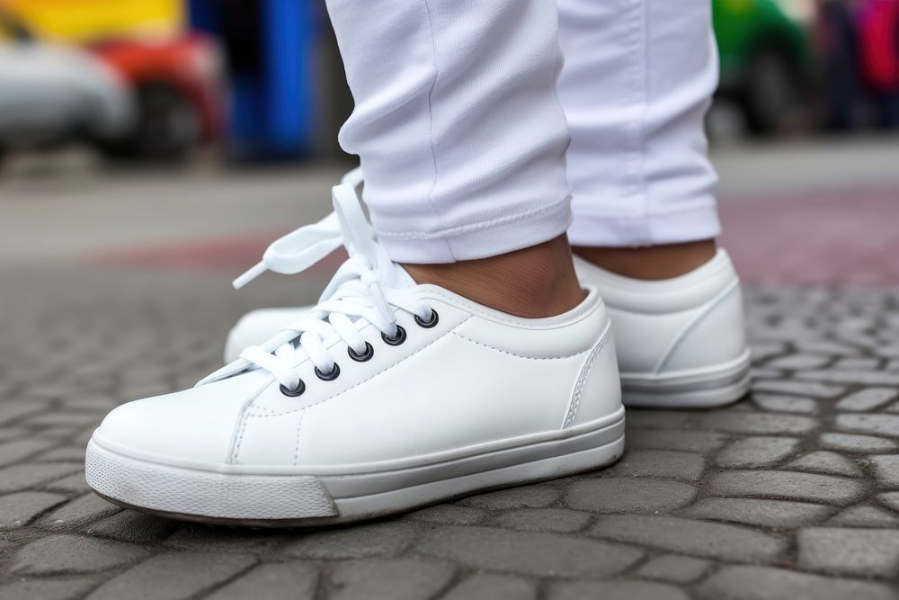 White shoes Mock up footwear outdoors street.