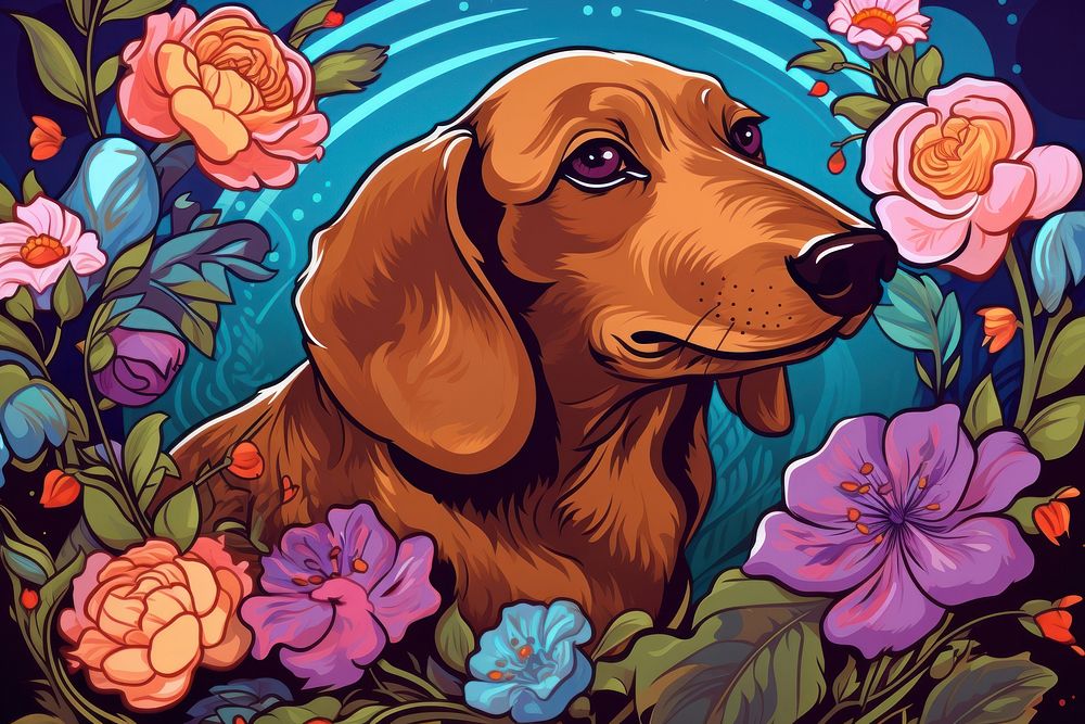 Dachshund and flowers art graphics painting.
