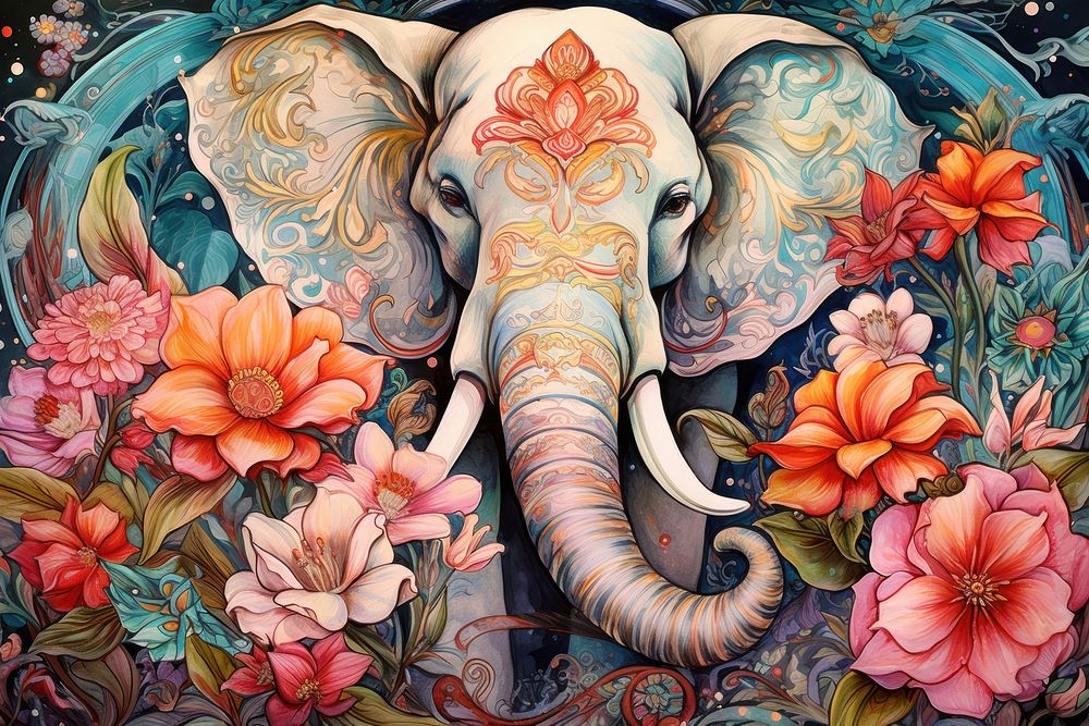 Elephant and flowers art painting graphics.