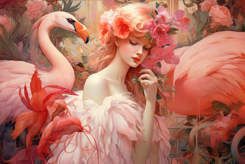 Flamingo and flowers person animal human.