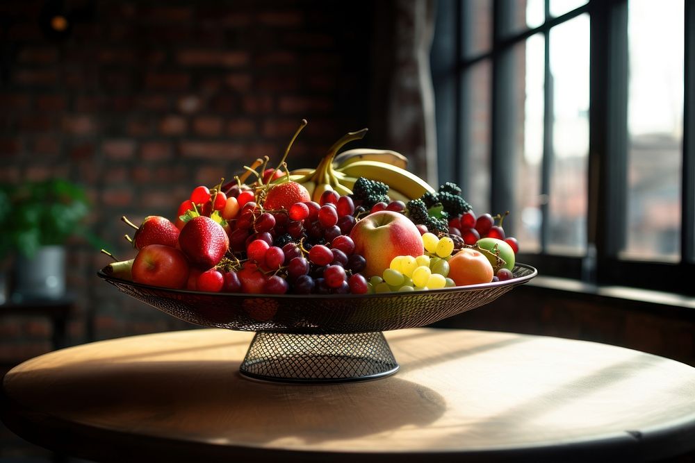 Fruit bowl on empty table strawberry grapes apple. AI generated Image by rawpixel.
