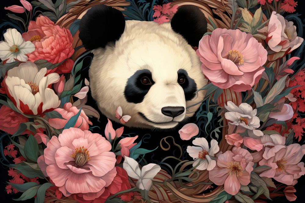 Giant Panda and flowers art wildlife blossom.