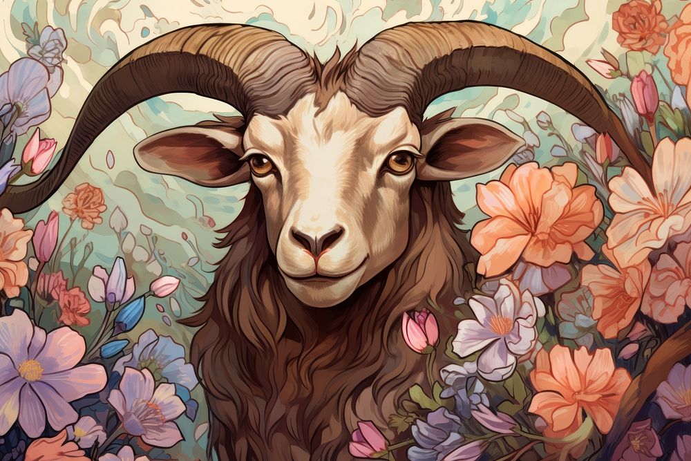 Goat and flowers goat art livestock.