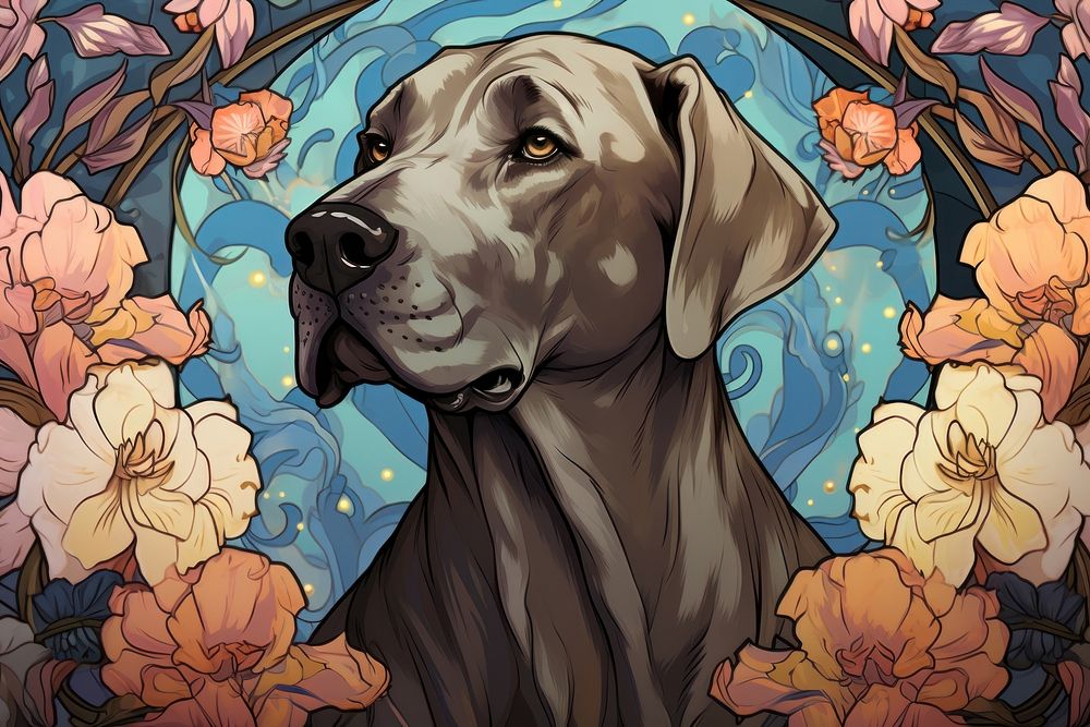 Great Dane and flowers art animal canine.