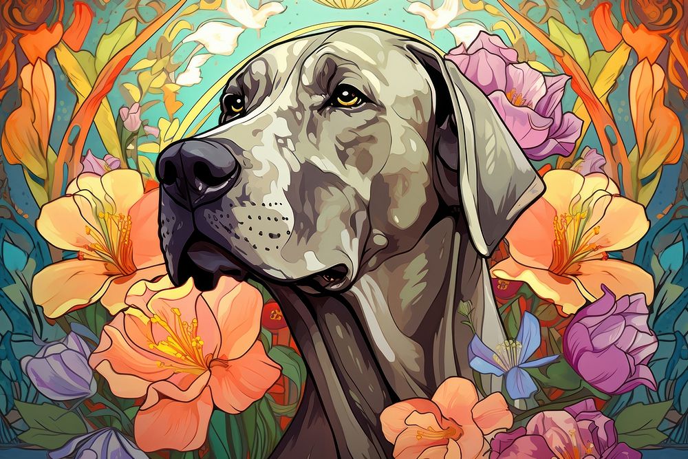Great Dane and flowers art great dane painting.