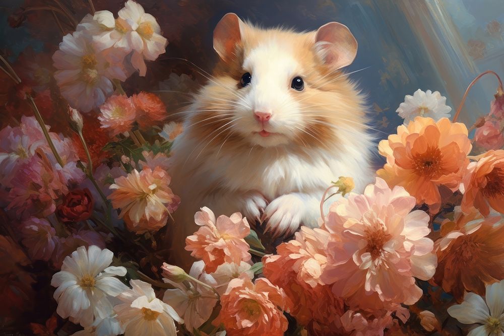 Hamster and flowers hamster art painting.