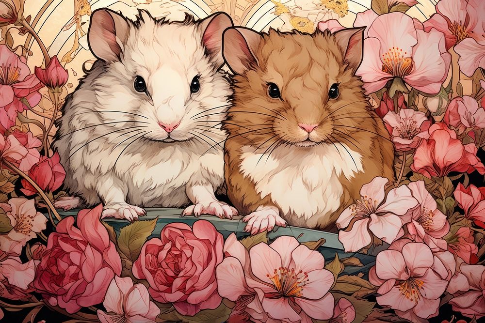 Hamster and flowers art painting animal.