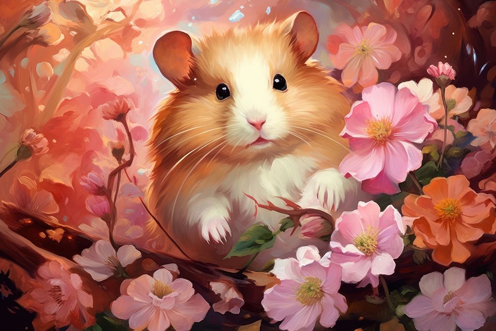 Hamster and flowers art painting blossom.