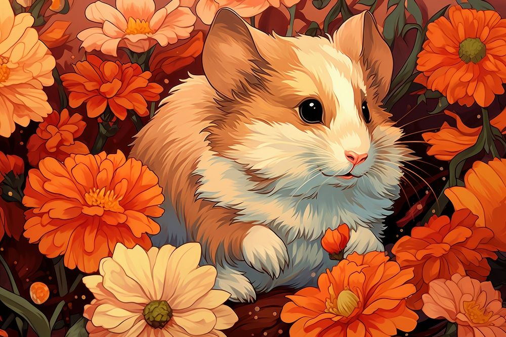 Hamster and flowers art asteraceae painting.