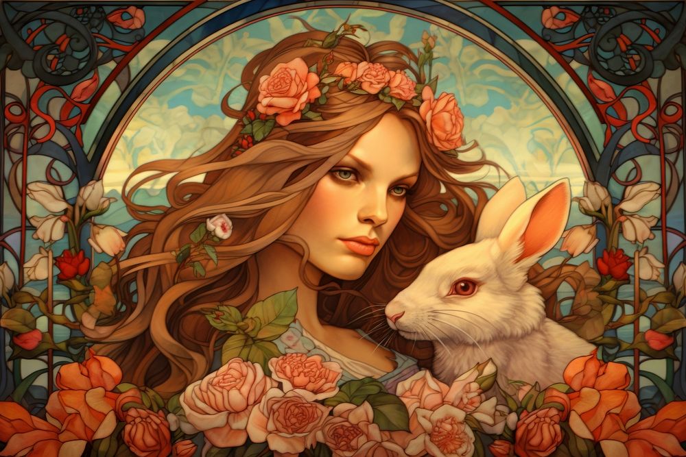 Hare and flowers art painting wedding.