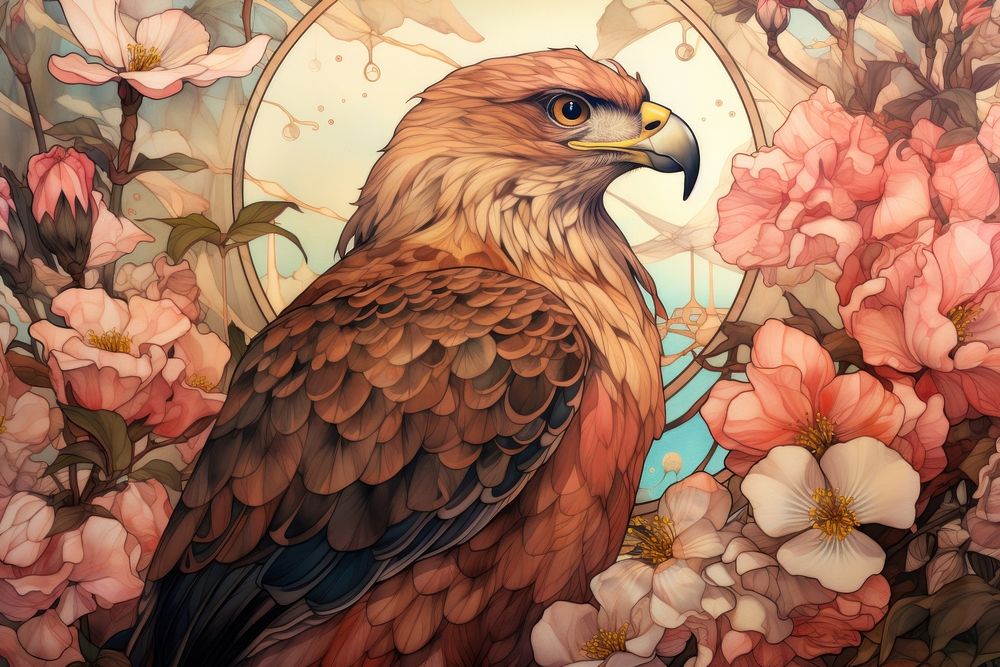 Hawk and flowers art painting animal.