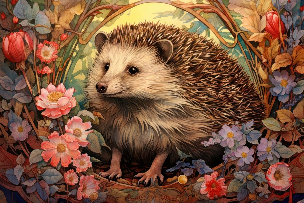 Hedgehog and flowers animal mammal rodent.