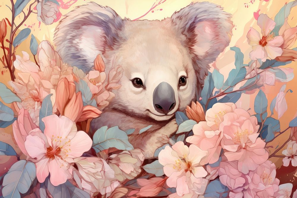 Koala and flowers art painting wildlife.
