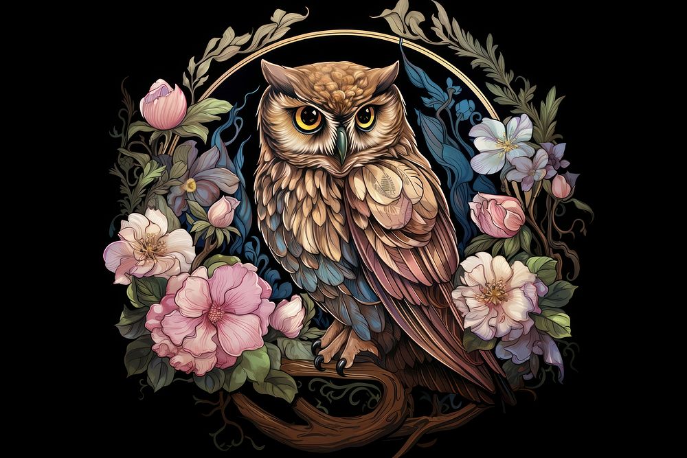 Owl and flowers art painting graphics.