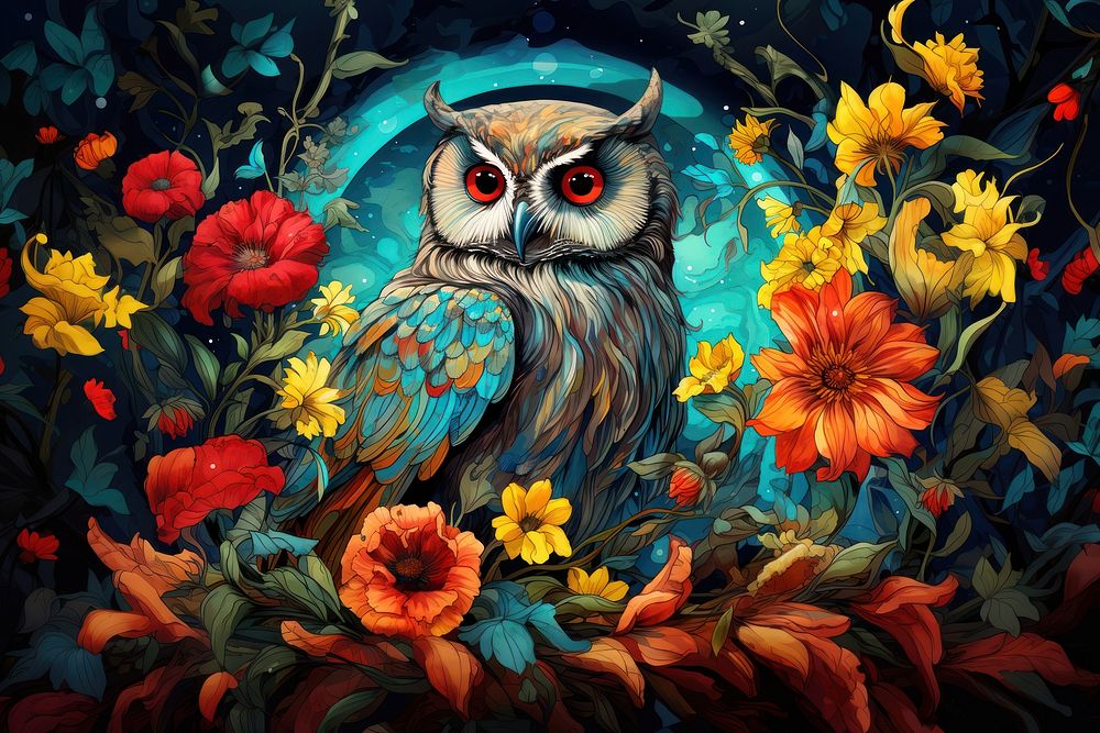 Owl and flowers art asteraceae painting.
