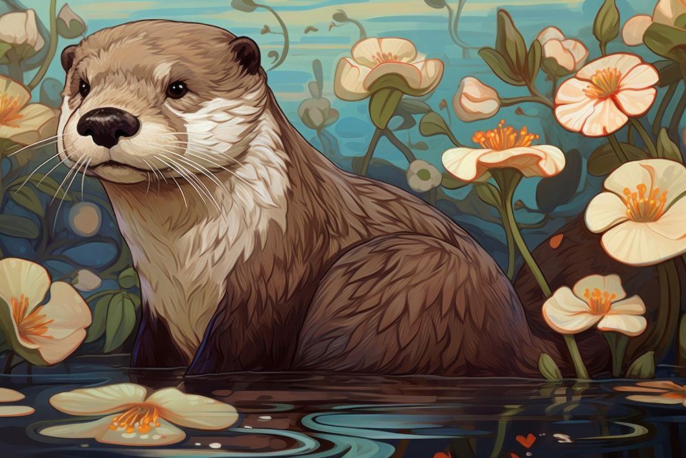 Otter and flowers wildlife animal mammal.