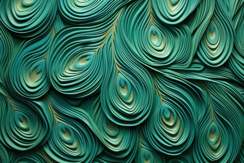 Peacock tail feather bas relief pattern art turquoise green.