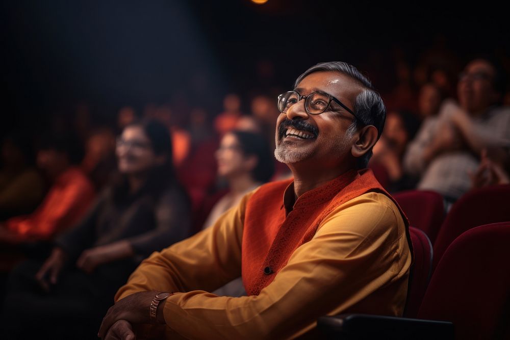 Indian man in theater glasses laughing adult.