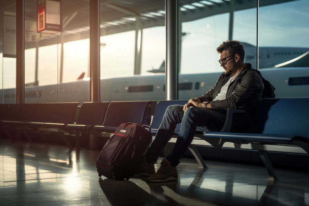 Brazilian man airport luggage sitting.