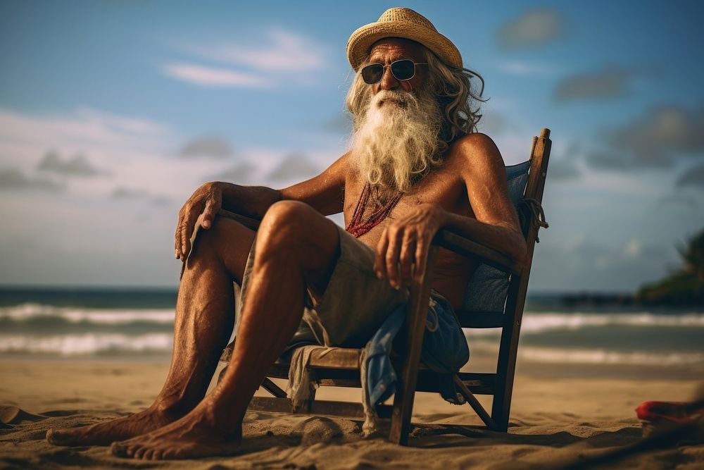 Brazilian old man beach outdoors sitting.