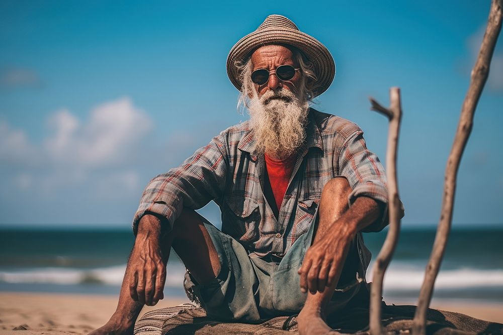 Brazilian old man sitting beach adult.