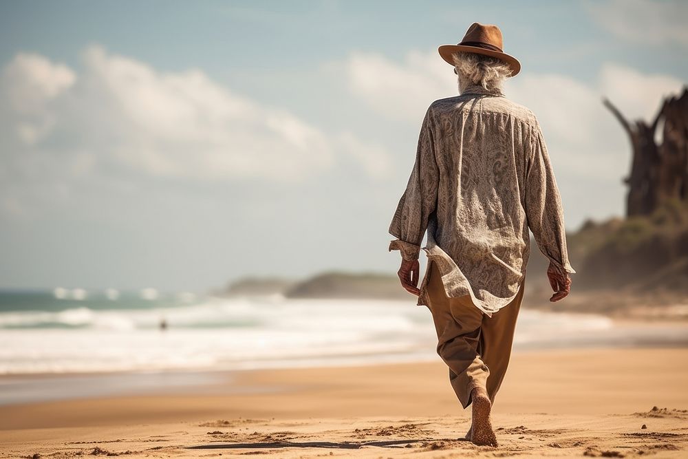 Brazilian old man walking travel beach.