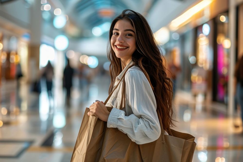 Happy latina in shopping mall adult bag shopping bag. AI generated Image by rawpixel.