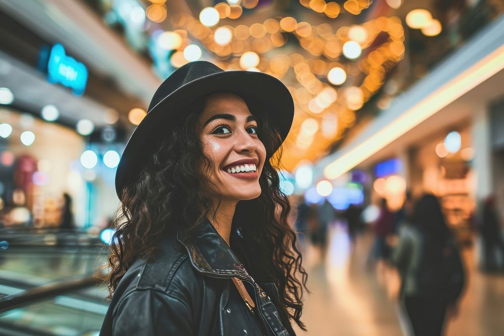 Happy latina in shopping mall laughing adult smile. AI generated Image by rawpixel.