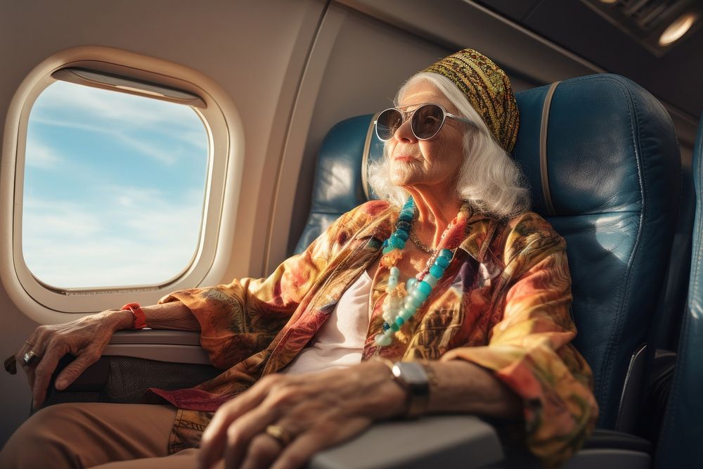 Latina brazilian old woman airplane sitting travel.