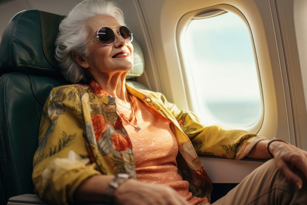 Latina brazilian old woman airplane sitting travel.